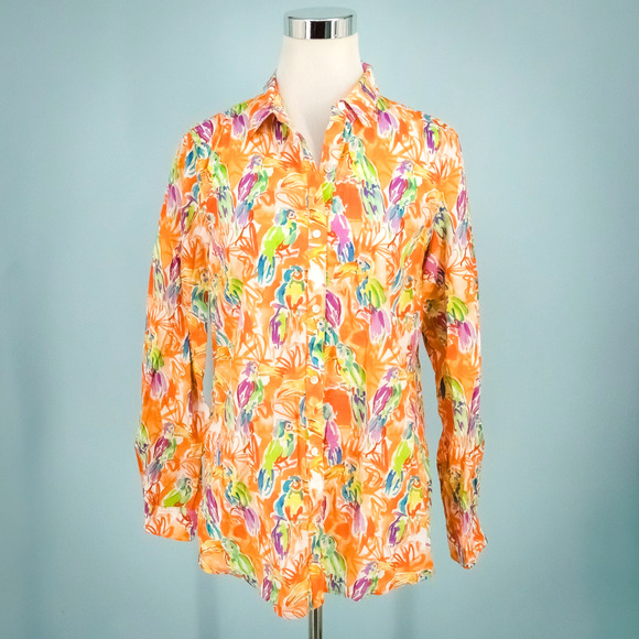 J. McLaughlin Size Medium M Orange Tucan Bird Print Lois Button Front Cotton Top - Picture 1 of 7